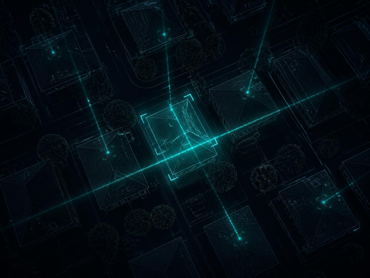 Satellite view of a neighborhood with roofs outlined and scanned by Roof Buddy